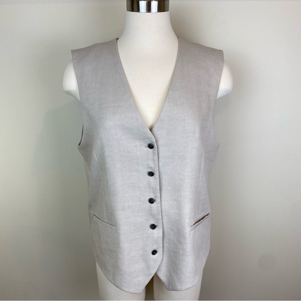 Anine Bing Lena Vest Sand Linen Blend Size L Lined V Neck Relaxed Fit Timeless